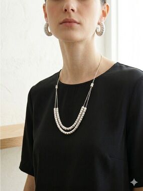Links of London Silver Textured Barrel Bead Double Chain Layered Necklace